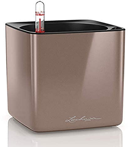 LECHUZA Cube Glossy 14 hochwertiger Pflanzwürfel mit Stick -Bewässerungssystem, Smoky Diamond highgloss