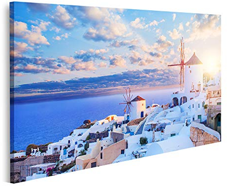 islandburner Bild auf Leinwand Santorini Skyline Blauer Himmel Wolken Oia Stadt Griechenland Wahrzeichen Bilder Wandbilder Poster