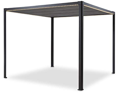 blumfeldt Pantheon RemoteShade Ambient - Pavillon, Pergola, Tonnelle, Toit de terrasse, Tube carré d'aluminium, Surface Couverte : 3 x 3m, Ouverture et Fermeture motorisées, Gris foncé - avec LED