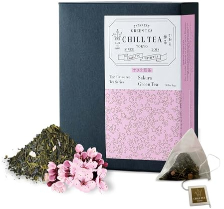 Thé vert sencha japonais aux fleurs de cerisier SAKURA de CHILL TEA Tokyo - Thé cerisier en fleur 100% japonais - 100% sans plastique sachets - Saveur riche, fruitée et florale (30 sachets)
