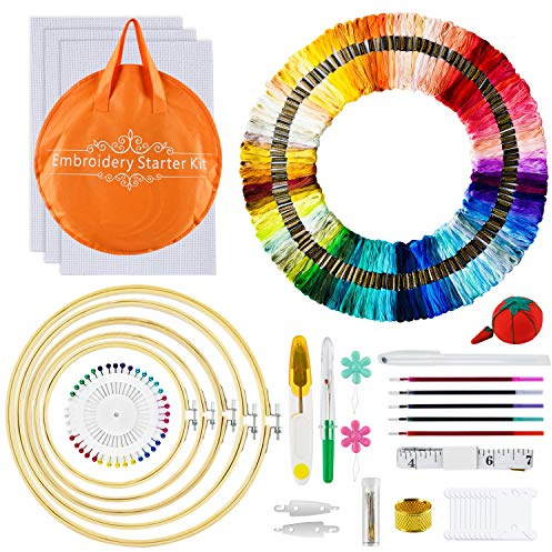 AUERVO Stickset, Kreuzstich-Set mit 120 Knäueln, 5 Bambus-Stickrahmen, 3 Aida-Tuch, 40 Nähnadeln, Starter-Set mit tragbarer Tasche für Erwachsene und Anfänger