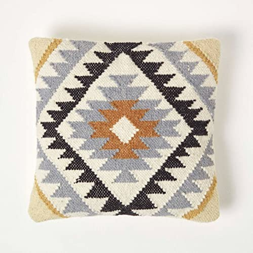Homescapes Kelim Kissen Agra schwarz-Gold-grau, Deko-Kissen 45x45 cm, Teppich-Kissen mit Füllung, handgewebtes Kissen mit Muster