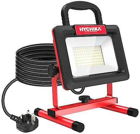 HYCHIKA LED Work Light, 100W 12000LM Construction Light, IP65 Waterproof Job Site Lights, 6500K Daylight White with Foldable Stand, 2m Cable for Workshop Garage Camping Garden