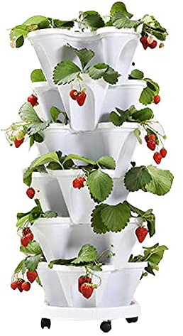 JYSSH Vertikaler Stapelbarer Blumenturm, Gestapelte Pflanzgefäße Im Freien, Mehrschichtige Stand Garden Smart Pflanzgefäße für Erdbeergemüse Kräuter,White-Threepetals