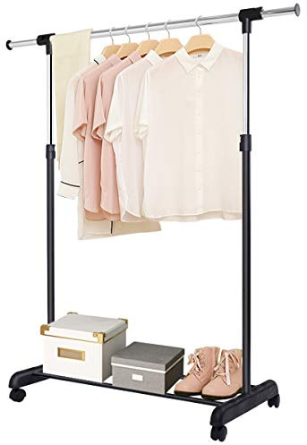Multigot Garment Rack, Single/Double Adjustable Clothing Rail Coat Stand with Storage Shelf and Wheels, Mobile Clothes Hanging Rack with Storage Shelf for Living Room