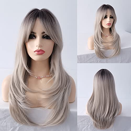 Sylhair Perrücke Frauen Grau Layered Synthetische Haar Lang Perücken Damen, Grey Wigs for Women