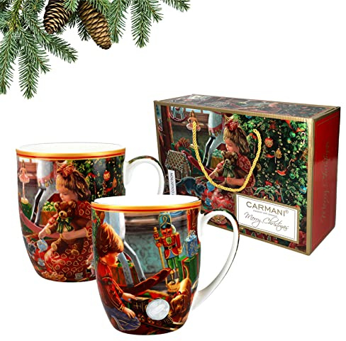 Carmani-Set mit 2 Weihnachtstassen, festliche Partybecher für Tee, Kaffee, heiße Schokolade, dekoriert Weihnachtsmotiv, 400 ml
