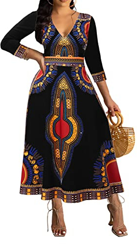 Afrikanische Lange Kleider für Damen, Elegante Kirchenkleider, Druck, Maxikleid, hohe Taille, Cocktailkleid, Bohemian-Stil, Vintage-Party-Outfits, A-Schwarz/Ethno-Stil, Mittel
