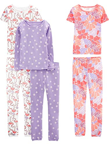 Simple Joys by Carter's Pyjama-Set für Mädchen, 3 Stück, Flieder Punkte/weißer Flamingo/Blumen, 7 Jahre