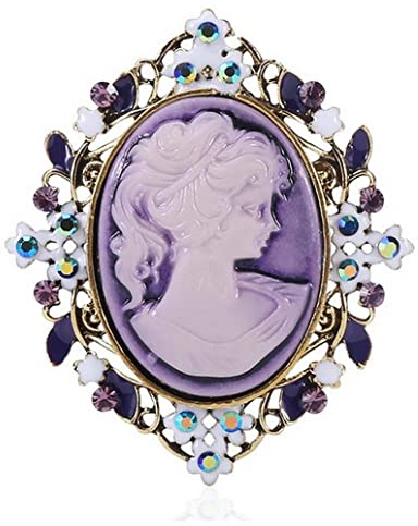 Damen-Brosche, Kamee, violett, mit Blumenmuster, aus Stahl., Edelstahl
