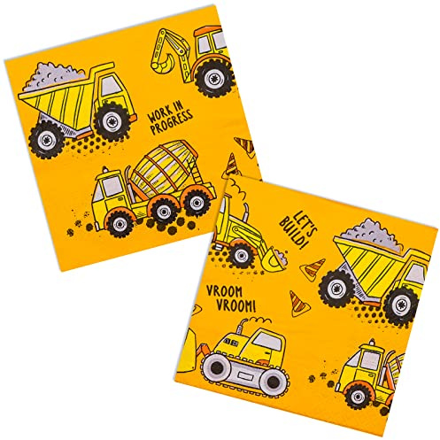 DYLIVeS Construction Theme Party Napkins, Dump Truck Cocktail Party Napkins, Yellow Tractor Disposable Paper Napkins Birthday Party Supplies Boys Decoration for Dinner, Luncheon, 6.5 Inch (Pack of 50)
