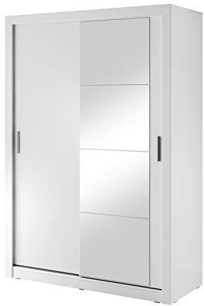 MINIO go for it - Armoire à Portes coulissantes ERTA 4 150 cm avec Miroir | armoire à deux portes, tringle à vêtements et étagère, meubles de chambre, couleur : blanc mat