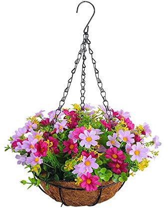 Sulobom Artificial Hanging Baskets Outdoor, Artificial Plants Outdoor Hanging Basket,Artificial Flowers Basket for Outdoors Indoors Yard Garden Patio Home Room Porch Decorations (Pink flowers)