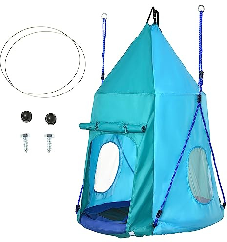 Outsunny Balançoire nid avec auvent Amovible Ø 100 cm, Max. 150 kg pour Enfants 3-8 Ans - Hauteur de la Corde réglable de 120 à 180 cm - Bleu