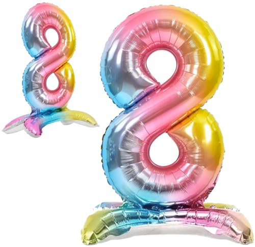 Globo 8° Cumpleaños Número 8 Pastel Multicolor de Pie Gigante, Globo XXL de 82cm. Decoración Cumpleaños. Aire.