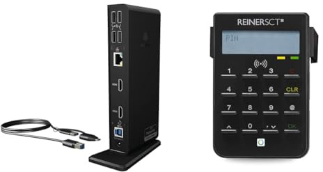 ICY BOX USB-C Docking Station für 2 Monitore & Reiner SCT cyberJack RFID Chip-Kartenlesegerät Standard | Generator für Online-Banking ; Elster; Personalausweis