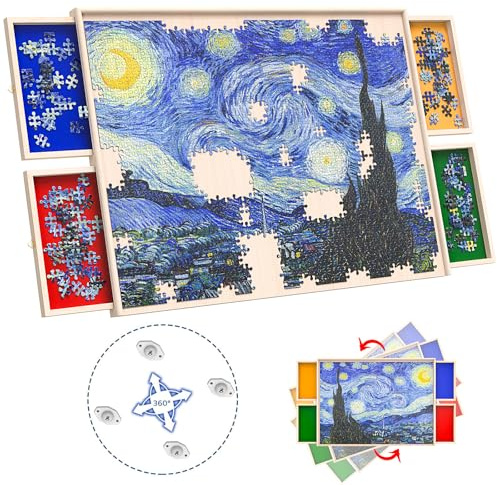 Rotatable 360-Degree Wheels Puzzle Board with Drawers and Cover 1000 Pieces Lightweight Portable Wooden Puzzle Table for Adults Size 30 x 22