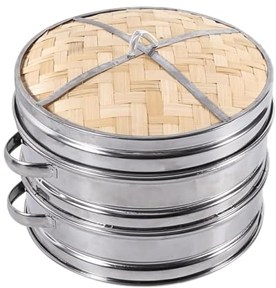 ANSNOW Bamboo Steamer with Stainless Steel, 2 Tier Steamer with Lid, Bamboo Steamer Basket Chinese Natural Rice Cooking Cooker for Cooking Dim Sum Buns Dumplings Vegetables, 8 Sizes/2 Tier + 1 Lid/6