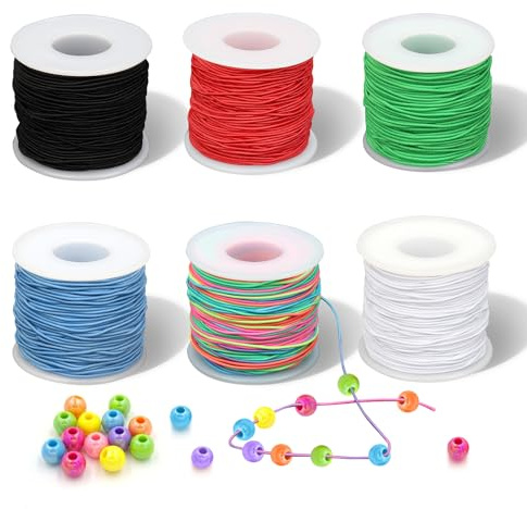 Elastiskt band för armband, 6 rullar elastisk tråd pärlsnöre, gummiband smyckestillverkning 1 mm x 50 m, gummisnöre, elastiskt nylonsnöre för gör-det-själv hantverk smyckestillverkning halsband
