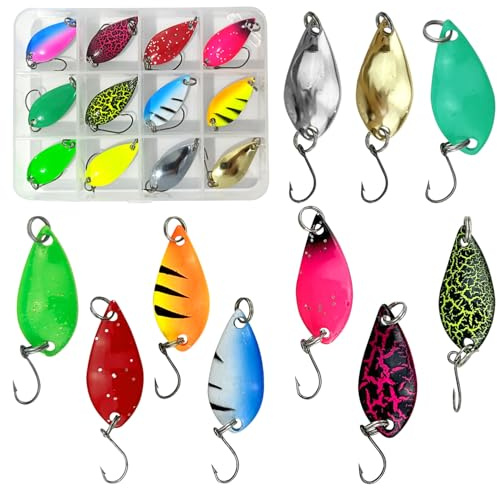 12 Pcs Sea Fishing Spinners Set, Multi Colored Spinner Lures with Box for Trout, Salmon, Bass Fishing