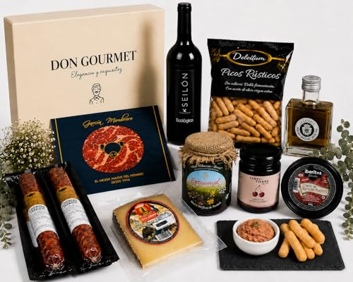 DON GOURMET, Cesta Gourmet para Regalar, Personalizable, Queso curado, jamón ibérico, chorizo ibérico, lote embutidos ibéricos, aceite de oliva, pack ibéricos, Regalo Cumpleaños. (CESTA 8)