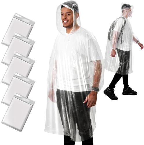 ANYOO Poncho Antipioggia Usa e Getta per Adulti con Cappuccio, 5 Pezzi Poncho Impermeabile Unisex Monouso con Polsini Elasticizzati per Trekking Festival Campeggio Viaggi, Taglia Unica