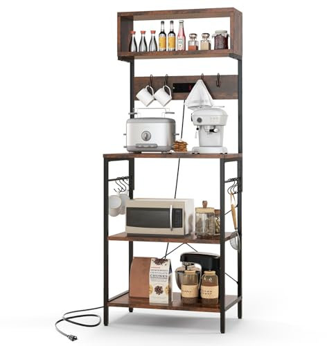 KOMFOTTEU Küchenregal mit Steckdose, Mikrowellenregal mit offenen Ablage & Schrank, 5 stufiger Bäckerregal 60 x 42 x 153 cm, Standregal aus Stahlrahmen für Küche Esszimmer