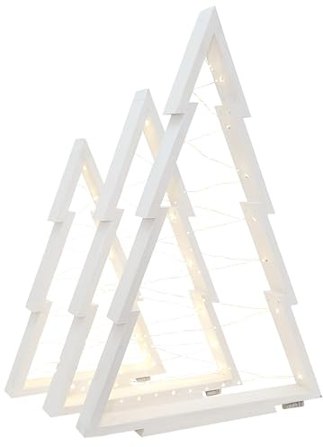 weeco Weihnachtsdekoration Set mit 3 Weihnachtsbaum aus Holz mit LED Beleuchtung. Weihnachtsbaum Für draußen und drinnen. Handgefertigter XLL Weihnachtsschmuck mit Höhen von 113, 90, 78 cm Weiß