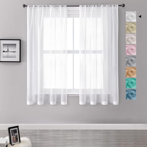 MRTREES White Voile Curtains 54 Drop, Short Window Net Curtains for Bedroom and Kitchen with Rod Pocket, 2 Panels 132x137 CM 52x54 Inch White