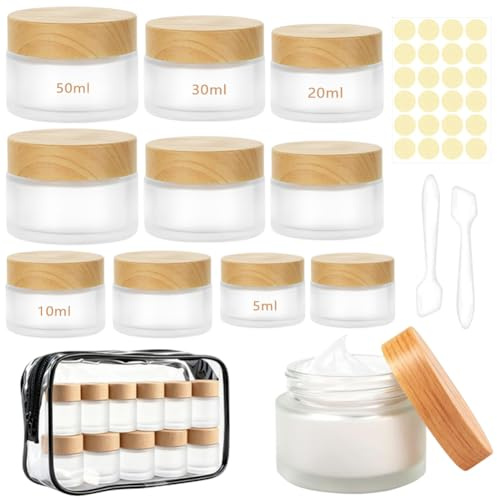 Set med 10 glasburkar, 50 ml, 30 ml, 20 ml, 10 ml, 5 ml, matt träfiber, BPA-fri glasburk med 2 spatlar, självhäftande burkar och påse, läckagesäker, för gräddvit och kosmetika