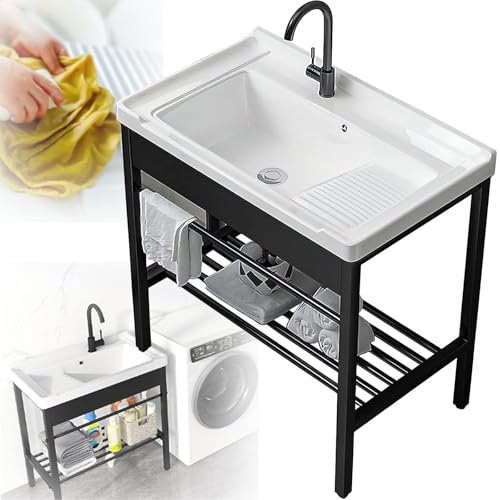 Lavello da cucina con lavabo in ceramica, set di lavabo,Lavello Portatile Stazione Per Lavare Le Mani,con Supporto e Kit di Scarico per Lavanderia,Adatto per bagni, WC, balconi,80cm/31.5''
