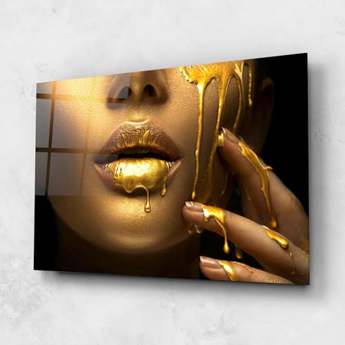 ARTHUB® Glasbild 80x120 cm, 4mm ESG | Moderne Wandbilder aus Glas für Wohnzimmer & Schlafzimmer, Wanddekoration, Wohnkultur, Frauen, Golden Lips