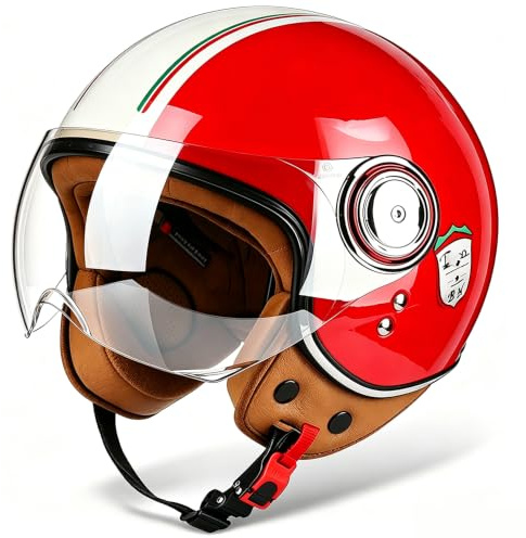 Vintage Motorrad Jethelme mit Sonnenblende, Open Face Helm Vintage Roller Helm für Damen Herren, ECE Zertifiziert Retro Elektrischer Halbhelm, Jet-Helm für Cruiser