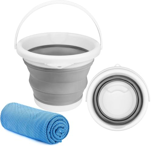 Ruayia 5L Faltbarer Eimer, Collapsible Plastic Bucket, Faltbarer Wassereimer, Foldable Round Tub, Pop-up-Eimer, Zusammenklappbar Kunststoffeimer für Camping Draußen Angeln Sandkasten - Grau Weiß