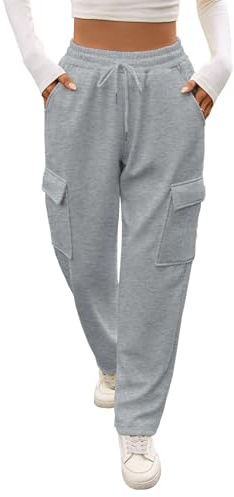 YloveM Pantalones de Chándal Térmicos Mujer Invierno Cintura Alta Elástica con Cordón Ajustable Bolsillos y Estilo Casual Gris Claro M