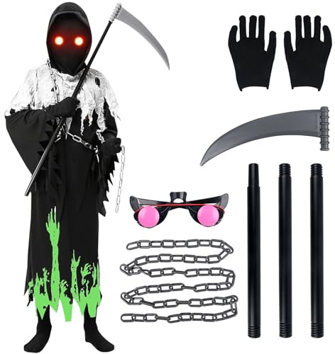 HIULLEN Costume Mietitore Bambino, Costume Morte Bambino, Costume da Tristo Mietitore con Occhiali Luminosi Falce Della Morte Catene Guantiper Halloween Carnevale Cosplay Mascherata