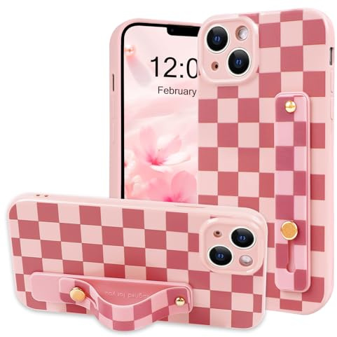 NITITOP Compatible with iPhone 14 Plus Case Cute with Wrist Hand Strap Checkboard Checkered Pattern Aesthetic for Women Girls Plaid Adjustable Kickstand Protective Cover - Pink