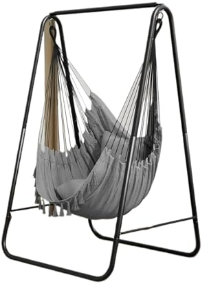 Schaukel Garten Hängematte mit Gestell, Max. Belastung 150 Kg, Hängemattengestell Hängeschaukel, 85x92x153 cm, Stabiles Stahlgestell, Schaukelstuhl(Hammock Chair Grey)