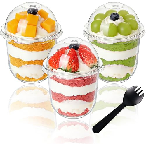Houbobo 50 Pack Dessert Cups with Lids and Spoons, 360ml/12oz Clear Yogurt Parfait Cups for Party, Reusable Dessert Bowls, Round Appetizer Cups for Cake, Pudding, Fruit and Ice Cream