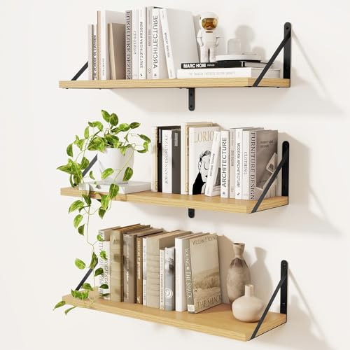 Feihorrm 3er Set Bücherregal, Wandregal Eiche, Regal 60cm Breit, Regal Wand | Wandregal Holz, Bücherregal Wand, Regale für Wände, Bücherregal Holz für Wohnzimmer, Schlafzimmer & Arbeitszimmer