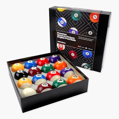 Jonny 8 Ball PREMIUM GRADE 2 Inch (50.8mm) English Pool Balls + 1 7/8 Inch Cue Ball - Perfect for Home Tables and Coin-operated Tables
