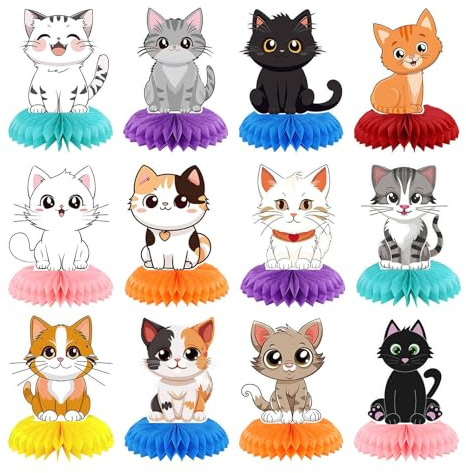 Bubaxuce 12 Pezzi Decorazioni per Festa di Compleanno Gatto, Centrotavola A Nido d'Ape, Decorazioni 3D Doppia Faccia con Gattini, Addobbi per Tavolo Gatto