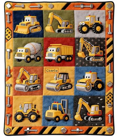 JLSKCN Personalisiert Baustellen Motiv Decke, Kinder Bagger Plüsch Bettdecke, Flauschige Fleece Kuscheldecke für Kleinkinder, Jungen, Kinder, LKW-Traktor BAU Fahrzeug für Sofa & Couch