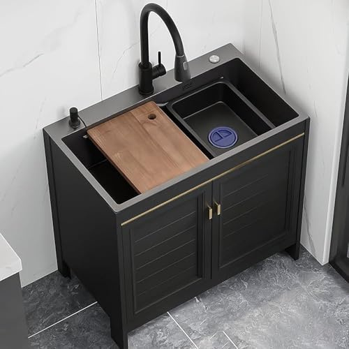 Kommersiellt diskho med skåp, platsbesparande aluminiumhandfat, utdragbar kran, funktionell design för restauranger, kraftig, lätt att rengöra, hållbar och snygg
