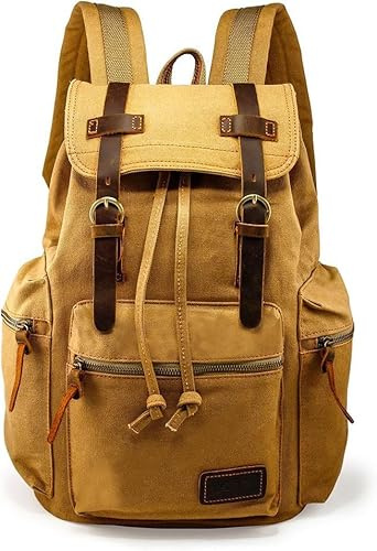 GEARONIC 21 L vintage kanvas ryggsäck läderryggsäck ryggsäck 38 cm bärbar dator tygväska skolväska college axel vandringsväska, Khaki, L, Vintage kanvas