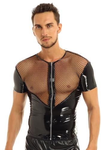 FEESHOW Herren Transparent Lack Leder Mesh Patchwork Shirt Wetlook Muskelshirt Tank Tops Schnürung Design Sexy Clubwear DJ T Shirt Slim fit Schwarz_Fischnetz M