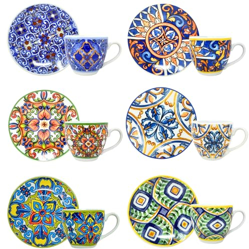 NAMAI Set 6 Tazzine Caffe Particolari con Piattino - In Porcellana - Adatto Alla Lavastoviglie e Microonde - Set tazzine Caffè con Piattino - Tazzine Caffe con Piattino (Tazzine Caffè)