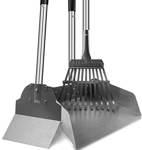 Dog Pooper Scooper for Large Dogs, 3 Pack Adjustable Long Handle Metal Tray, Rake and Spade Poop Scoop with Bin for Pet Waste Removal, No Bending Clean Up for Medium and Large Dogs