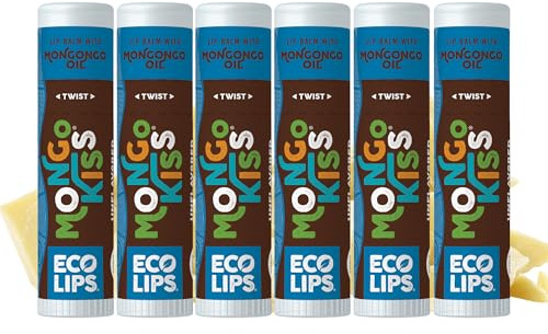 LIP BALM Mongo Kiss 6-Pack by Eco Lips 100% Organic Beeswax & Cocoa Butter Lip Care with Mongongo Oil - Soothe & Moisturize Dry & Cracked Lips - Made in USA. (Unflavored)