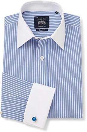 THE SAVILE ROW COMPANY LONDON Men's Classic Fit Blue White Stripe Poplin Non-Iron Formal Shirt - Double Cuff - 18.5 Collar - Standard Sleeve